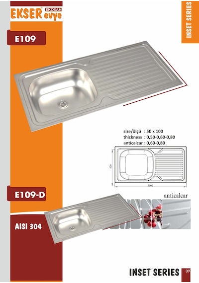 Ekosan 50 x 100 304 Kalite Paslanmaz Eviye + Sifon
