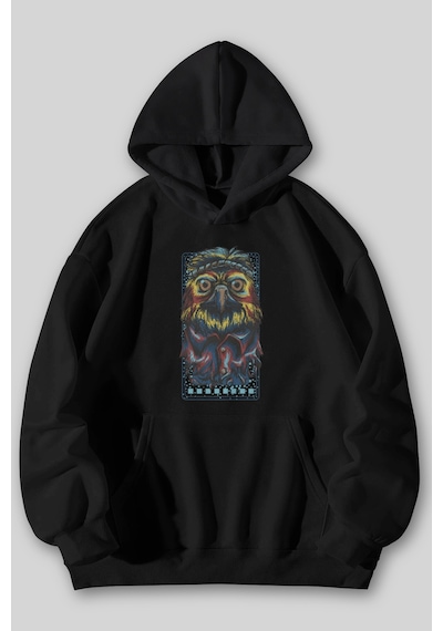 Harmandar Eagle Baskılı Unisex Siyah Gri Kanguru Cepli Kapüşonlu Sweatshirt Hoodie Siyah
