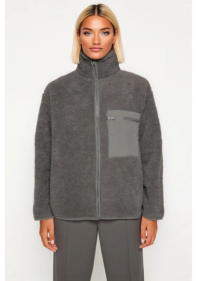 Benerly Kadın Dik Yaka Düşük Kol Tam Fermuarlı Peluş Sweatshirt Fonksiyon Antrasit