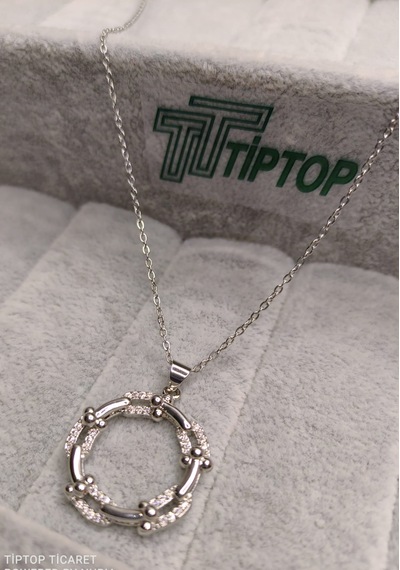 Tiptop/ Gümüş Renk Zincir Model Zirkon Taşlı Halka Kolye Gümüş