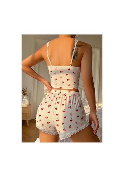 Bella Notte Kiraz Desenli Dantelli Önü Bağcıklı Üst Ve Şort Pijama Takımı Beyaz