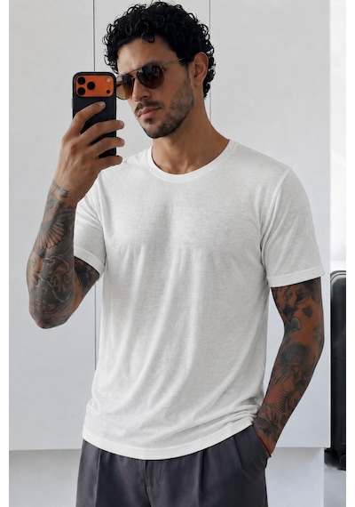 Tarz Cool Erkek Flamlı Pamuklu Bisiklet Yaka Basic Slim Fit Tişört Yazlık Günlük Şık Tişört Beyaz