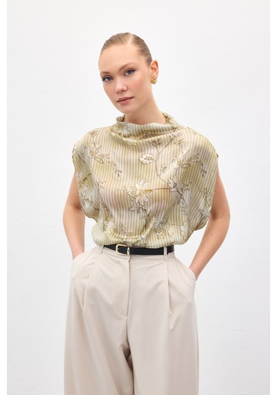 Sateen Kısa Kollu Desenli Bluz - Haki-137038 haki