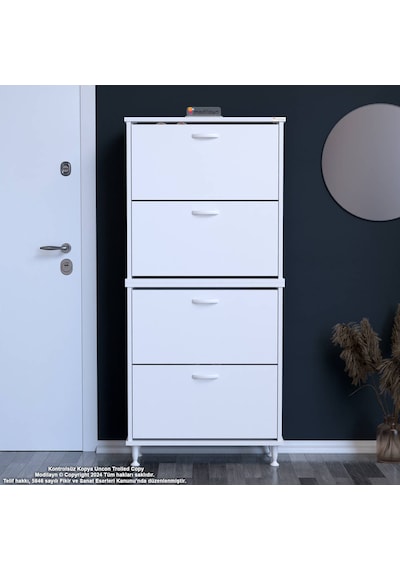 Modilayn Umay' 2 Li Antre Hol 52 X 168 X 25, 5 Cm Lik 4 Düşer Kapak 8 Göz Bölmeli Ayakkabılık Beyaz