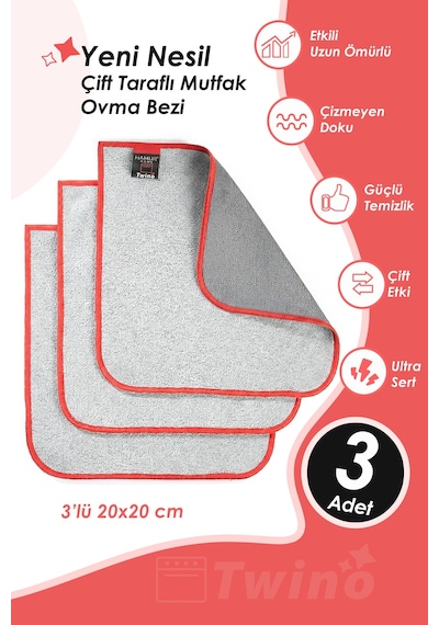 Twino 3'lü Ocak Fırın Mutfak Temzilik Bezi 20x20 Güçlü Sert Mikrofiber Çizmez Zor Kir Teli Ovma Bezi