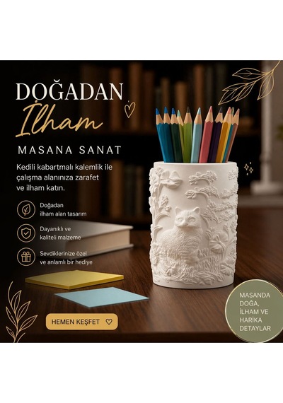 Kabartma Desenli Kedi Figürlü Dekoratif Organizer / Kalemlik / Fırçalık / Mini Saksılık