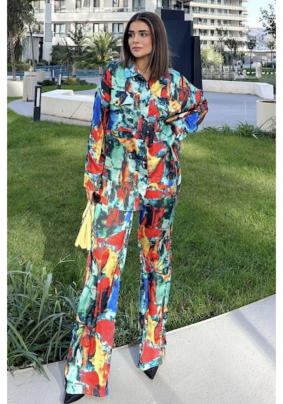 WeShaya Kadın Multi Color Çift Cepli Gömlek & Bol Paça Pantolon - Salaş Alt & Üst Takım Çok Renkli WeShaya Kadın Multi Color Çift Cepli Gömlek & Bol Paça Pantolon - Salaş Alt & Üst Takım Çok Renkli