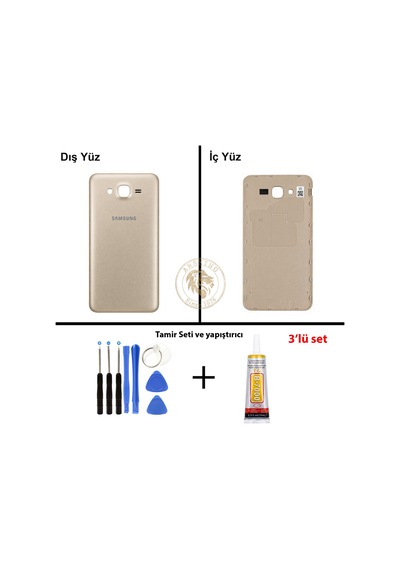 Samsung Galaxy J7 Core J701f Gold Renk Arka Kapak + Tamir Seti + B7000 Yapıştırıcı Arka Cam Batarya Kapağı Pil Kapağı Lazer Kesim Back Cover Galaxy J7 Core Uyumlu