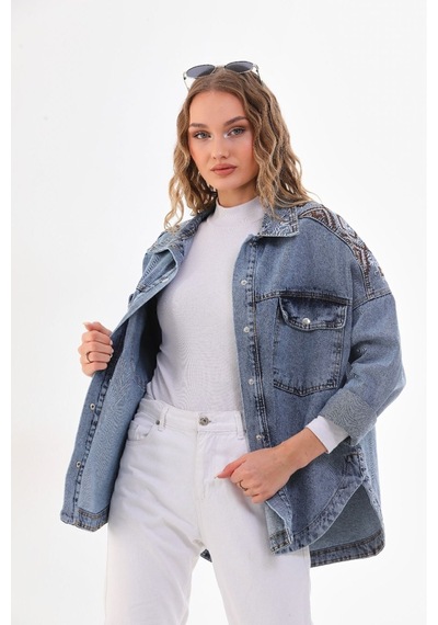 Esb Design Kadın Mavi Cepli Etnik Mevsimlik Düğmeli Uzun Denim Nakışlı Kot Ceket A36-085