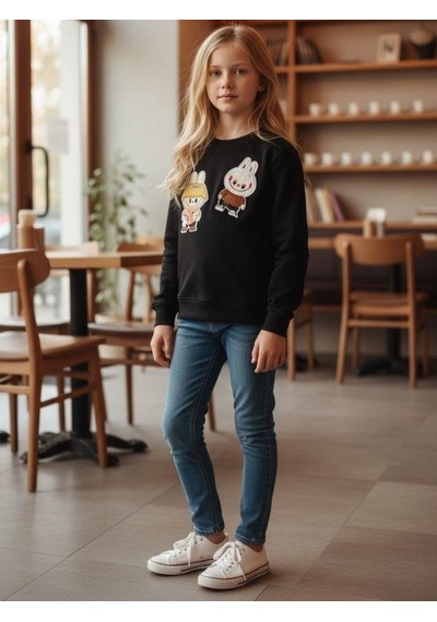 Kız Çocuk Pamuklu Karakter İşlemeli Sweatshirt-16392 Siyah Kız Çocuk Pamuklu Karakter İşlemeli Sweatshirt-16392 Siyah