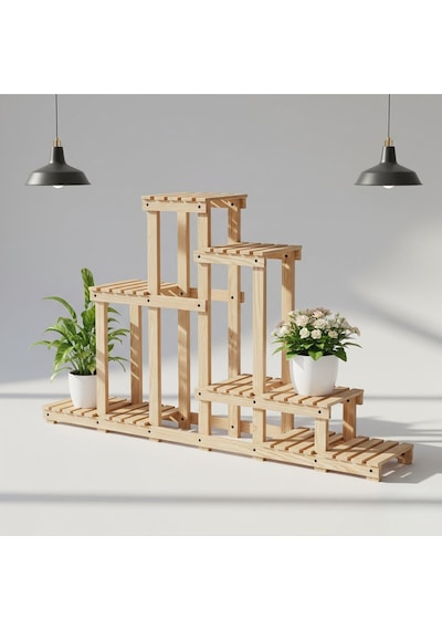 Doğal Köknar Ahşap Çok Katlı Çiçeklik Standı Saksılık 120x150x25 Cm Bej