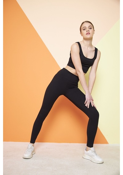 Thıff Gymwear Haki Yüksek Bel Fitilli Toparlayıcı Interlok Örme Spor Dar Paça Kadın Tayt Siyah