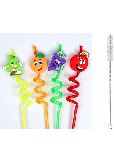 5 Parça Renkli Pipet Seti - Emojili Kokteyl- Çuk Pipeti Temizleme Fırçalı +0
