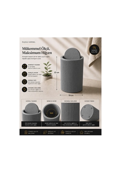 Modern Çizgili Banyo Çöp Kovası 6,25 Litre & Tuvalet Fırçası Seti İkili Set, Dayanıklı Plastik Gri