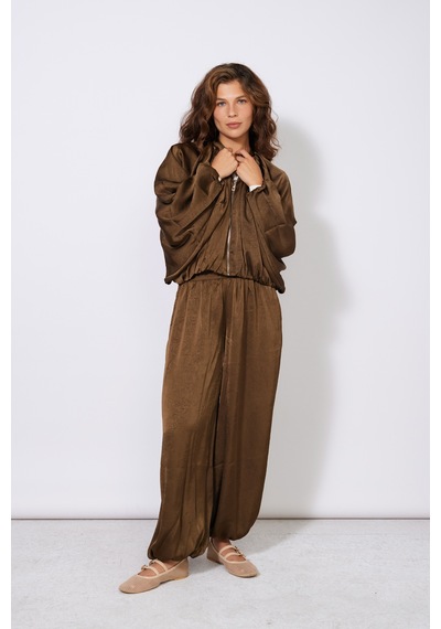 Beli Lastikli Dokulu Saten Balon Pantolon Olive