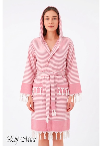 Kapşonlu Unisex Peştemal Plaj Deniz Banyo Bornozu Beachside Koyu Pembe