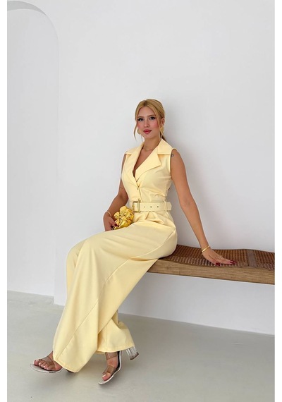 Neşeli Butik Kadın Gömlek Yaka Düğme Detaylı Maxi Tulum Nbk061 Sarı