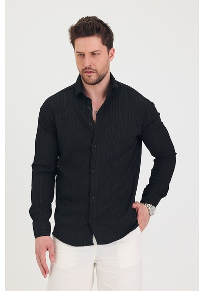 Tarz Cool Erkek Kendinden Çizgi Detaylı Slim Fit Dar Kalıp Uzun Kol Gömlek Siyah
