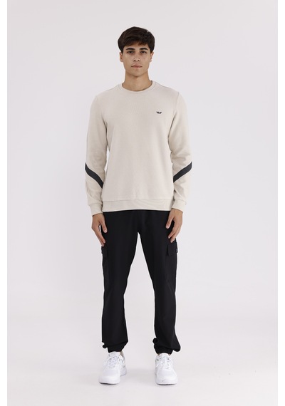 Rowinger Kol Şerit Detaylı Yuvarlak Yaka Göğüs Logolu Rahat Kalıp Mevsimlik Sweatshirt Beıge