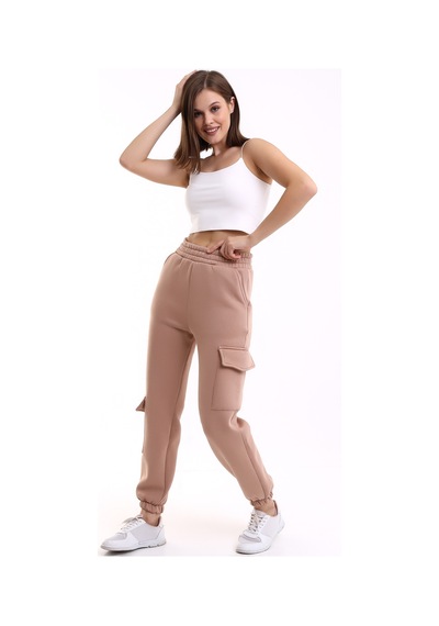 Winmoda34 Kadın Jogger Kalın 3 İplik Yandan Cepli Kargo Eşofman Altı Bisküvi