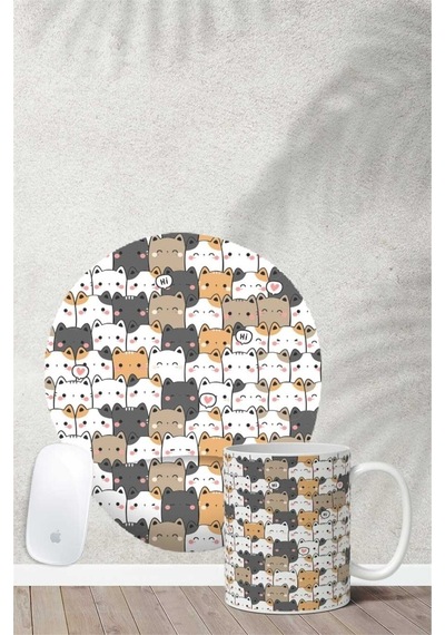 Karışık Kedi Desenli Bilek Destekli Mouse Pad Kupa Seti Mousepad