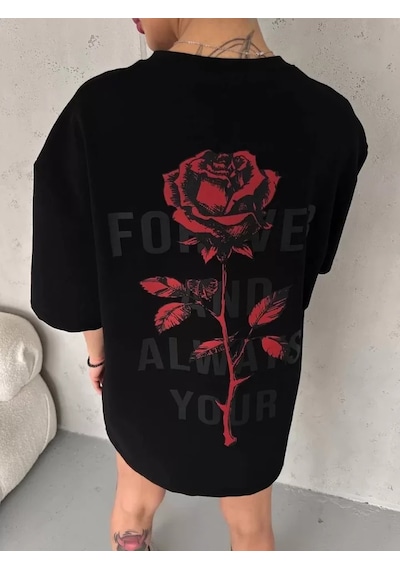 Cojans Unisex Bisiklet Yaka Baskılı Oversize T-shirt - Siyah Karışık