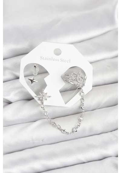 Kutup Yıldızı Model Pirinç Gümüş Renk Zincir Bağlantılı Ear Cuff Küpe Seti - Bayi Depom Diğer