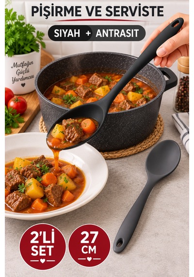 2'li Set Siyah Antrasit Büyük Boy Silikon Kaşık 27 Cm Mutfak Yemek Pişirme Ve Servis Kaşığı 2 Renkli