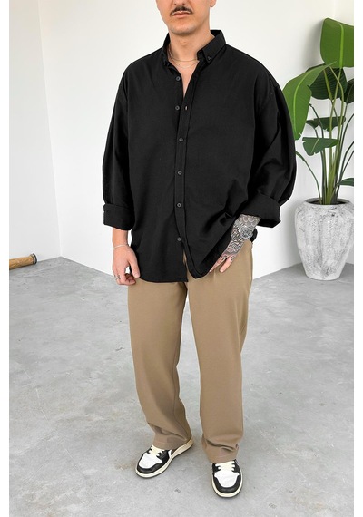 Siyah Oversize Fresh Keten Gömlek Siyah