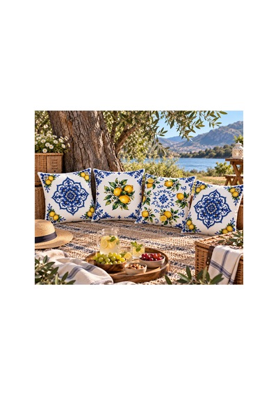 Limon Desenli Mavi Beyaz 3d Dijital Baskılı Dekoratif 43x43 Cm 4 Lü Kırlent Kılıfı Seti Yastık Kılıfı Sarı Sarı