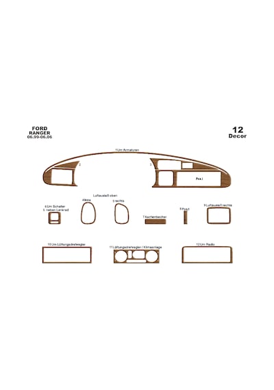 Ford Ranger Torpido Kaplama 1999-2006 12 Parça Açık Meşe
