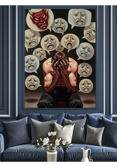 Ahşap Tablo Üzgün Yüz Ve Seytan Emojileri İçindeki Adam