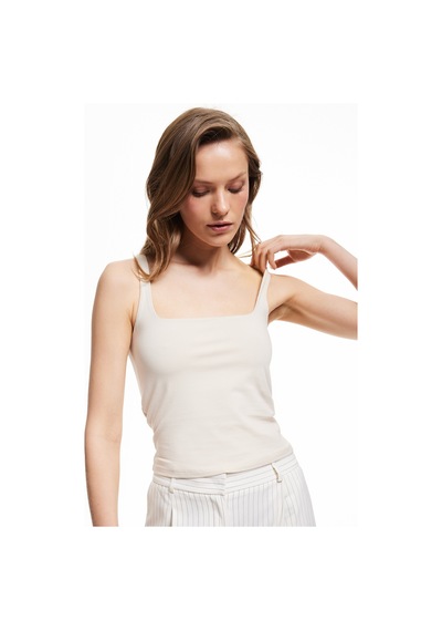 Koton Pamuklu Slim Fit Kolsuz Kare Yaka Atlet Bej 5sak10404ek Ekru