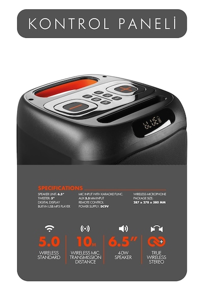 Powerway MIO Taşınabilir Mikrofonlu 40 W Parti Karaoke Kumandalı Bluetooth Hoparlör Led Işıklı