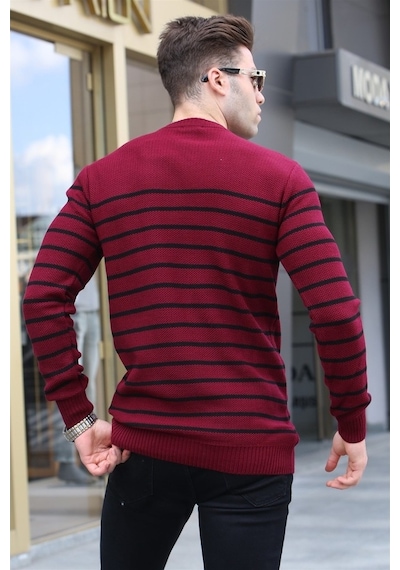 Madmext Bordo Çizgili Bisiklet Yaka Triko Kazak 5992 Bordo