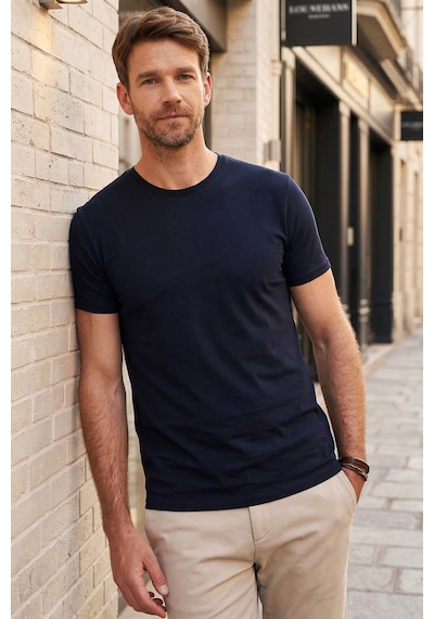 Tudors Unisex Slim Fit Dar Kesim %100 Pamuk Yumuşak Dokulu Lacivert Bisiklet Yaka Tişört-31081 Lacivert