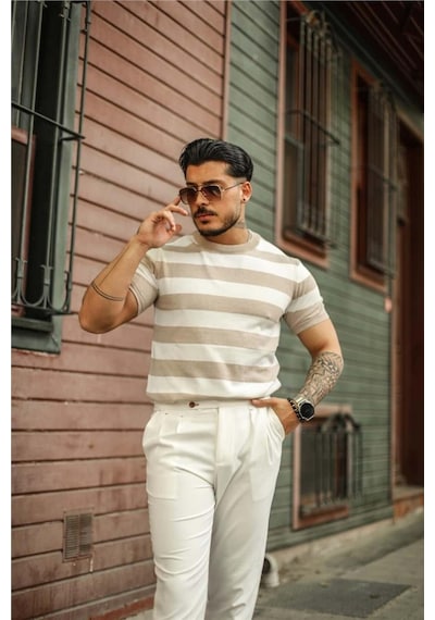 Erkek Yuvarlak Yaka Örme T-shirt Beyaz-vizon