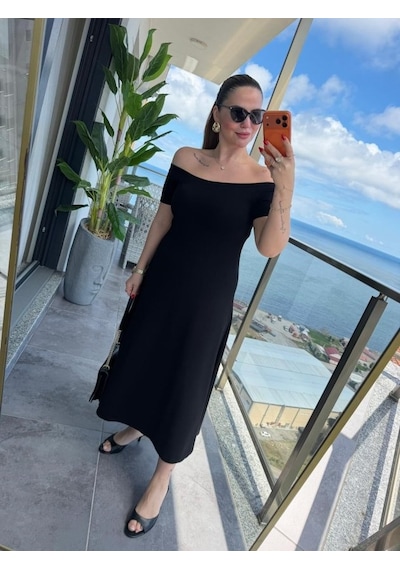 De'charme Kadın Madonna Yaka Midi Boy Modal Elbise Siyah