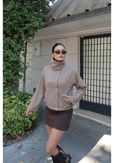 Kechi Woman Gabardin Kumaş Dik Yaka Çıtçıtlı Ceket Bej