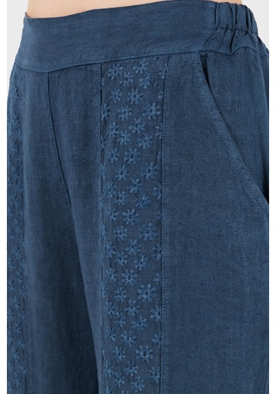 Via Dante % 100 Keten Relaxed Fit Brode İşlemeli Pantolon Bayan Pantolon 69912211 İndigo