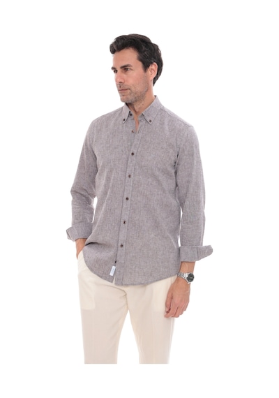 Slim Fit Uzun Kol Yaka Düğmeli Nefes Alan Keten Hediye Kutulu Erkek Gömlek Fs-004548 - Kahverengi-3241