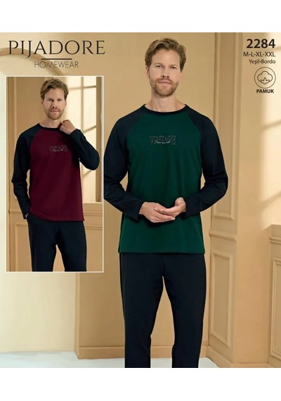 Pijadore Erkek %100 Pamuklu Uzun Kollu Pijama Takımı 2284 Yeşil