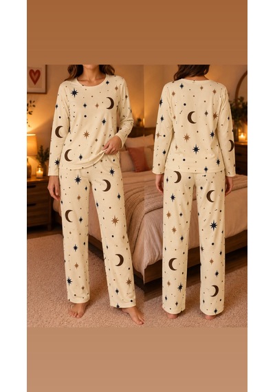 Lila İç Giyim Kadın Ay Yıldız Desenli Uzun Kollu Pijama Takımı Krem Renk Rahat Ev Giyim Seti Lila İç Giyim Kadın Ay Yıldız Desenli Uzun Kollu Pijama Takımı Krem Renk Rahat Ev Giyim Seti