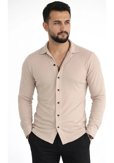 Etiler Collection Erkek Waffle Kumaş Uzun Kollu Düğmeli Açık Yaka Regular Fit Gömlek - Bej