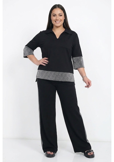 By Saygı Kadın Polo Yaka Çeyrek Kol Bluz Beli Lastikli Bol Paça Pantolon Cepli Büyük Beden Simli 2'li Takım Siyah By Saygı Kadın Polo Yaka Çeyrek Kol Bluz Beli Lastikli Bol Paça Pantolon Cepli Büyük Beden Simli 2'li Takım Siyah