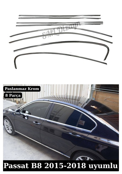 Volkswagen Passat B8 Sedan 2015-2018 Uyumlu 8 Parça Paslanmaz Krom Cam Çıtası - Tam Tur Set
