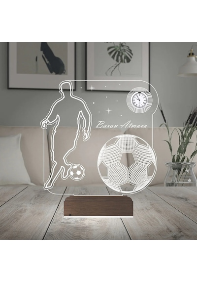 Luvivia Futbolcu Hediye Ronaldo Taraftar Futbol Topu Kişiye Özel Metal Saatli 3d Lamba - Masa Gece Lambası Şeffaf