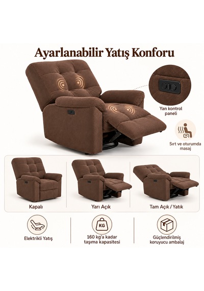 Smarto Relax Porto Masajlı Elektrikli Döner Sallanan Tv Koltuğu Kontrol Panelli Ergonomik Polyester Baba Koltuğu Kahverengi Smarto Relax Porto Masajlı Elektrikli Döner Sallanan Tv Koltuğu Kontrol Panelli Ergonomik Polyester Baba Koltuğu Kahverengi