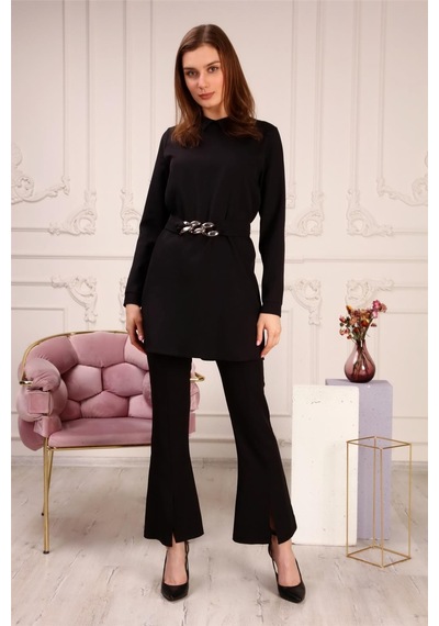 Bwest Zincir Kemerli Sade Basic Tunik Pantolon İkili Takım - 70007 - Siyah-458 Siyah