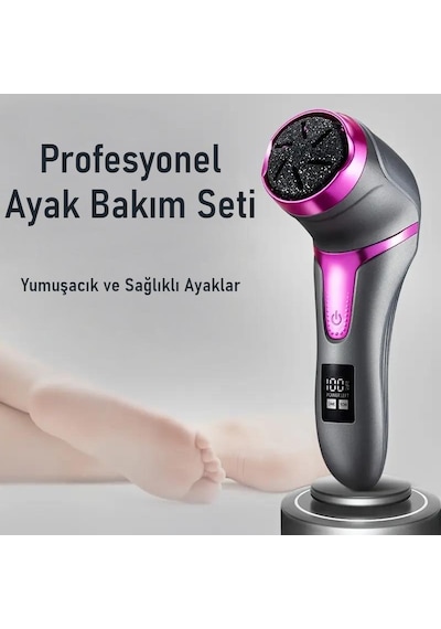 Valkyrie Profesyonel Ayak Bakım Cihazı 360 Dönen Başlık Dijital Ekranlı, Şarjlı & 10 Parça Pedikür Kiti Mor